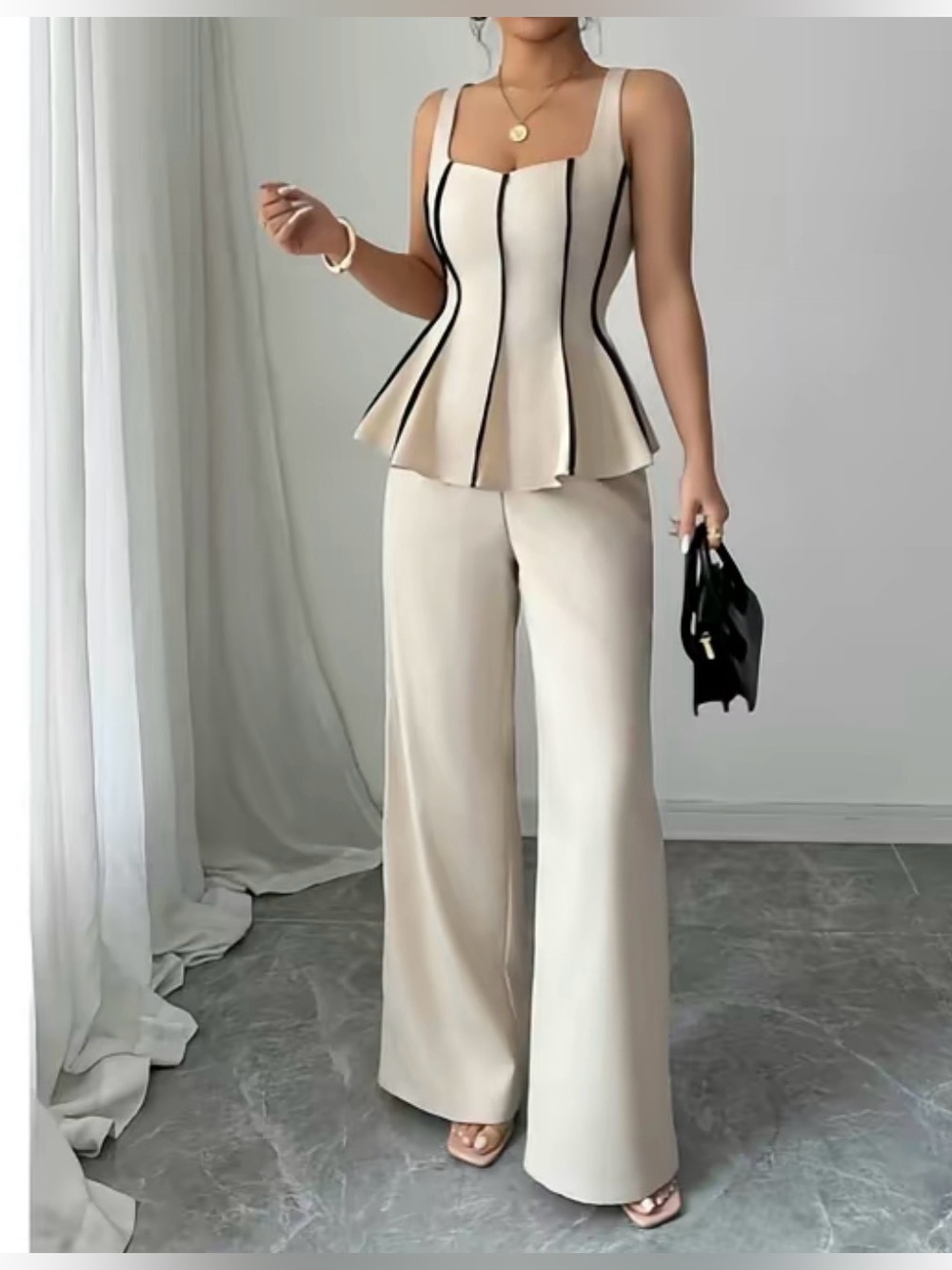 Cream Peplum Top & Wide Leg Pants Set – Size S/M